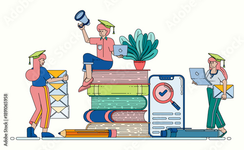 Line illustration of stacks of books combined with mobile applications for secure student verification and digital education identity systems. Can be used for banner flayer website ads social media