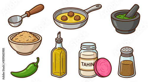 Falafel Ingredients and Tools Vector Set. Cooking Middle Eastern Food. Frying Pan, Tahini, Olive Oil, Spices, Scoop and Mortar Cartoon Illustrations Isolated.