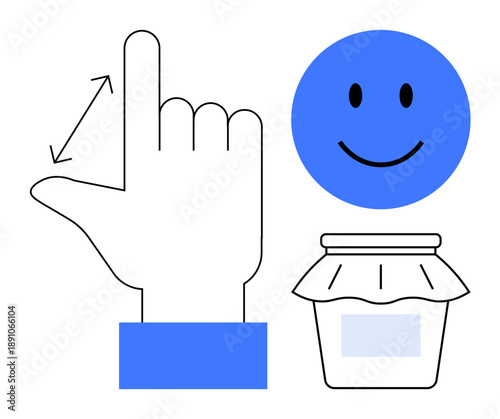 Hand gesture. Hand gesture for measurement combined with blue smiling emotion and a jar icon. Hand gesture emphasizing nonverbal communication, friendliness, and storage concepts. Useful for user