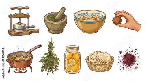 Falafel Cooking Process Vector Illustration Set. Middle Eastern Cuisine Elements including Chickpeas, Herbs, Frying Pan, Pita and Spices Isolated on White Background.