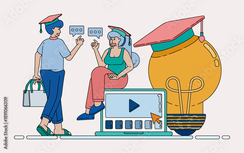 Line illustration of educational ideas represented by glowing light bulbs wearing graduation gowns for digital learning and academic success concepts. Can be used for banner flayer website ads