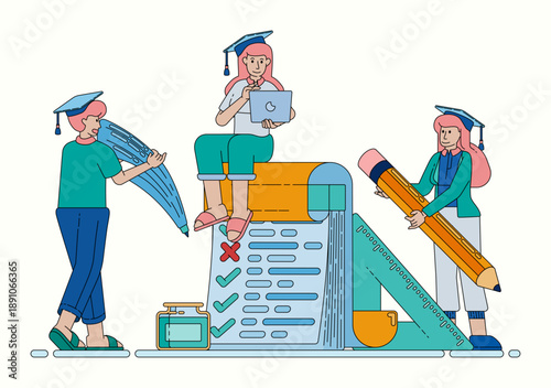Line illustration of exam surveys and checklist system for education assessment testing and evaluation. Can be used for banner flayer website ads social media