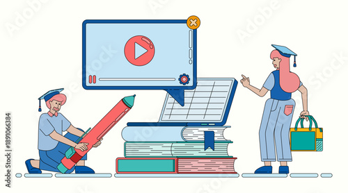 Line illustration of learning video concept with laptop screen and stacks of books for online education. Can be used for banner flayer website ads social media