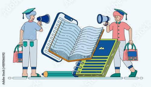 Line illustration of mobile applications for literacy learning reading skills and open book education concept. Can be used for banner flayer website ads social media