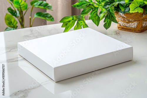 Minimalist White Box on Marble Table Surrounded by Green Plants and Natural Light