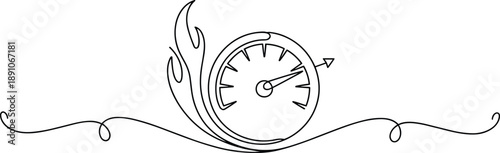 Black and white speedometer with motion lines and flame