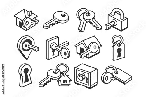 Isometric keys and locks collection: home, security, safe, padlock, black and white icons.