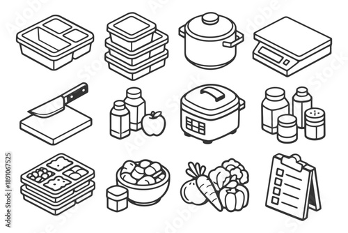 Kitchen essentials: containers, cookware, and ingredients for organized cooking.