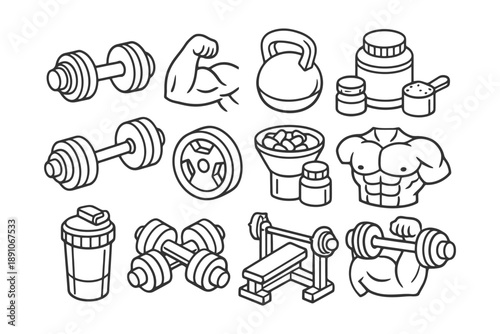 Fitness icons set: dumbbells, kettlebell, supplements, muscles, shaker, bench press.