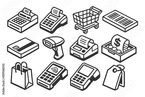 Retail icons set: cash register, shopping cart, barcode, and pos devices.