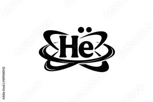 Helium atomic structure vector illustration in black silhouette style. Scientific Lewis dot diagram logo with orbital swirls on white background for chemistry branding.