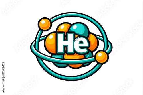 Dynamic Helium atomic structure vector illustration with text on white background. Scientific Lewis dot concept with orbiting electrons and nucleus for physics education design.