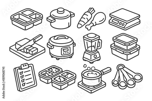 Kitchen cooking essentials: blender, scale, storage containers, cookware, measuring tools.