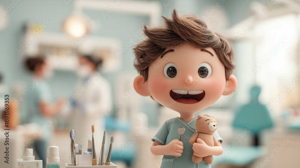 © vetrana - Young child visits a dental clinic holding a teddy bear with smiling expression in a bright room during daytime