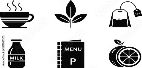 Set of black beverage icons featuring hot tea cup, tea leaves, tea bag, milk bottle, cafe menu, and sliced orange.