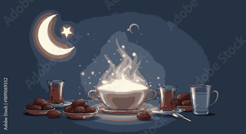 A peaceful illustration of a traditional Iftar meal, showcasing a steaming bowl, sweet dates, and refreshing drinks under a crescent moon, celebrating the holy month.