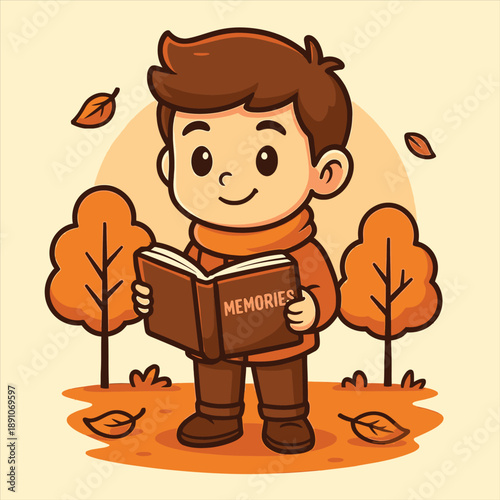 A cheerful cartoon boy holding an open book standing in an autumnal scene with trees and fallen leaves in a flat vector illustration design.