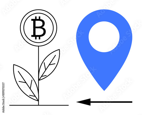 Bitcoin concept. Bitcoin as a growing plant growth potential, alongside a blue location pin icon for blockchain transactions. Ideal for finance, technology, cryptocurrency, investment, navigation