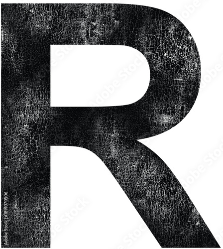 Distressed black uppercase letter r with a vintage texture on a clean white background