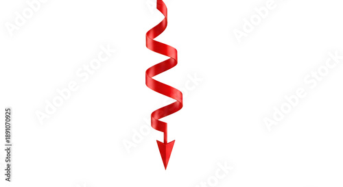 Red Spiral Arrow Pointing Downward Isolated on White Background. 3D Illustration Representing Economic Decline, Financial Recession, Stock Market Crash, and Negative Business Growth Trends.
