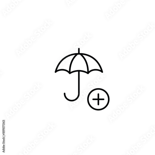 Umbrella and plus. Safety plan, extended protection. Add to insurance coverage. Pixel perfect, editable stroke vector icon