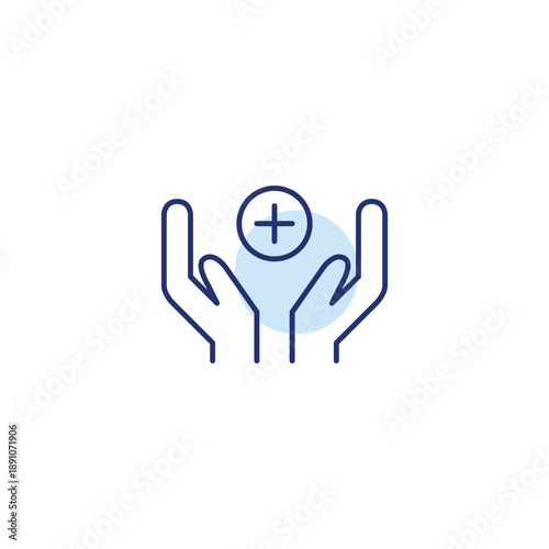 Support and care advice. Plus in hands. Charity offer and donation. Pixel perfect, editable stroke vector icon