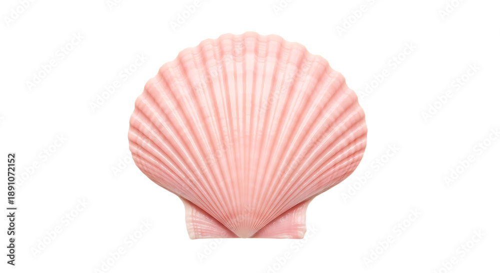 Fototapeta premium Beautiful Pink Scallop Seashell Isolated on White Background - Elegant Fan-Shaped Marine Shell with Ribbed Texture, Perfect for Summer Beach Themes, Coastal Decor, and Nature-Inspired Designs. 