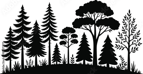 Forest tree silhouette landscape, black white woodland nature illustration, pine oak trees vector design, natural scenery graphic