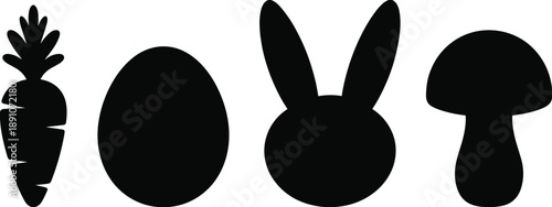 Easter food silhouette icons, carrot egg bunny mushroom shapes, minimal black vector symbols isolated on white background design