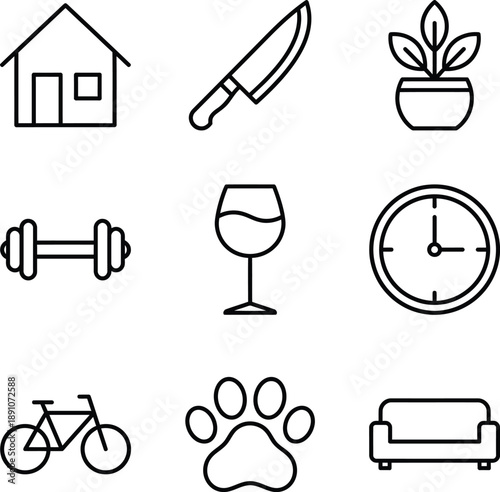 Lifestyle icon set: Home, health, fitness, time, and pets for modern living.