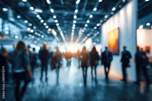 Blurred view of a tradeshow event with attendees exploring exhibits in a dynamic setting filled with lights and vibrant atmosphere