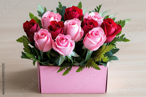 Pink red rose flower bouquet box gift romance love celebration create elegant arrangement in pastel container with green leaf detail on wooden table perfect for romantic occasion