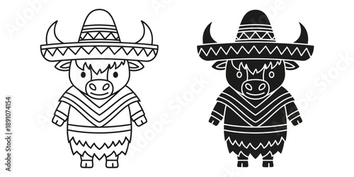 Adorable cartoon bulls wearing sombreros and ponchos in black and white