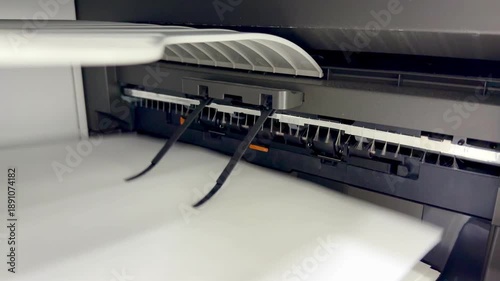 Close-up of printer heads in action. Detailed view of modern printer heads working on white paper. Printing process