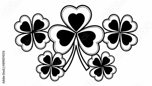 A stylized illustration of five shamrocks in a cluster, featuring a central heart-shaped shamrock surrounded by four smaller ones from a direct viewpoint.