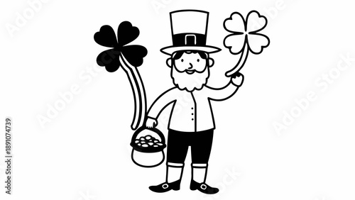 A jovial leprechaun holding a pot of gold and shamrocks in a festive illustration