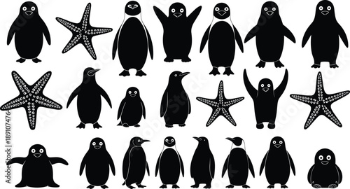 Penguin and starfish silhouette collection, cute antarctic animals icons set, wildlife cartoon illustration, black and white vector design
