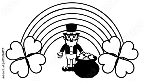 A cartoon leprechaun stands under a rainbow holding a pot of gold surrounded by shamrocks