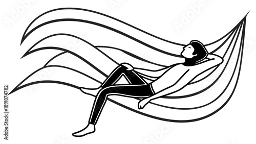 A woman relaxing in a hammock, surrounded by flowing lines, in a serene environment, depicted in a simple illustration style from a side viewpoint