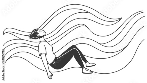 A woman relaxing on the ground with flowing hair, depicted in a minimalist line art style from a side viewpoint