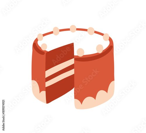 Cake, sweet dessert with cut out piece. Chocolate pastry with vanilla cream. Delicious patisserie, bakery. Confection treat, yummy sugar food. Flat vector illustration isolated on white background