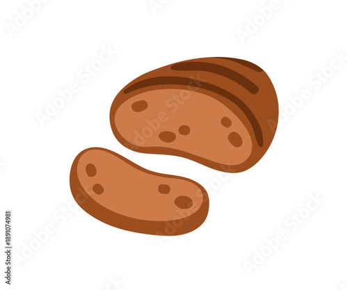 Brown rye bread, loaf half and cut slice. Fresh rustic sourdough piece. Wholegrain bakery, healthy food from flour. Traditional eating. Flat vector illustration isolated on white background