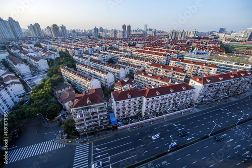 Photography Dense Residential Neighborhoods with Skyline, Shanghai Aerial View