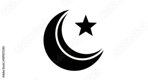 Black crescent moon and star symbol on white background representing islamic or cultural iconography