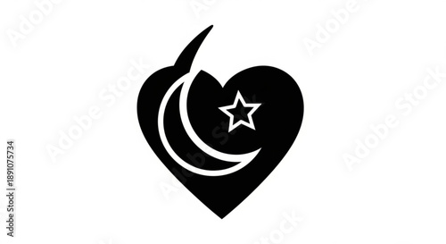 Black heart symbol with crescent moon and star on white background representing love and spirituality in a simple iconic design