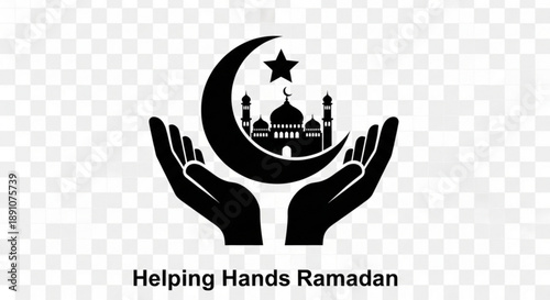 Helping hands ramadan concept with mosque and crescent moon symbolizing charity and support