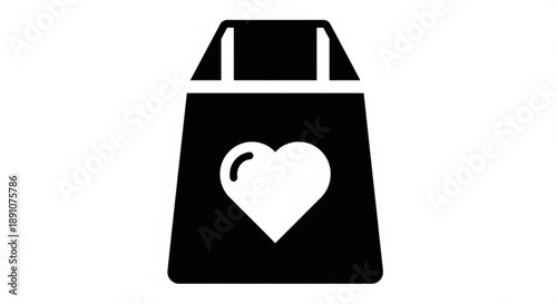 Black reusable shopping bag with white heart symbol on front eco friendly tote bag for sustainable living and love for the environment