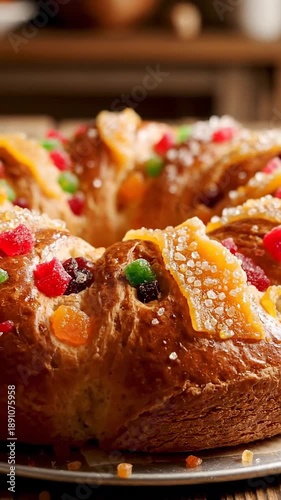 Festive Kings Cake with candied fruit and sugar