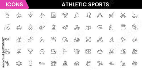 Athletic Sports Icons vector illustration with thin line contains a medal, football, basketball, cycling, athlete, racket, table tennis, sparing, cardio, gym, weight training, golf, volleyball