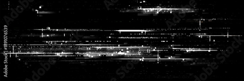 Digital glitch texture with pixelated noise effect. Vector realistic illustration of abstract video rewind pattern on black screen background, static noise overlay, retro tv display, signal distortion